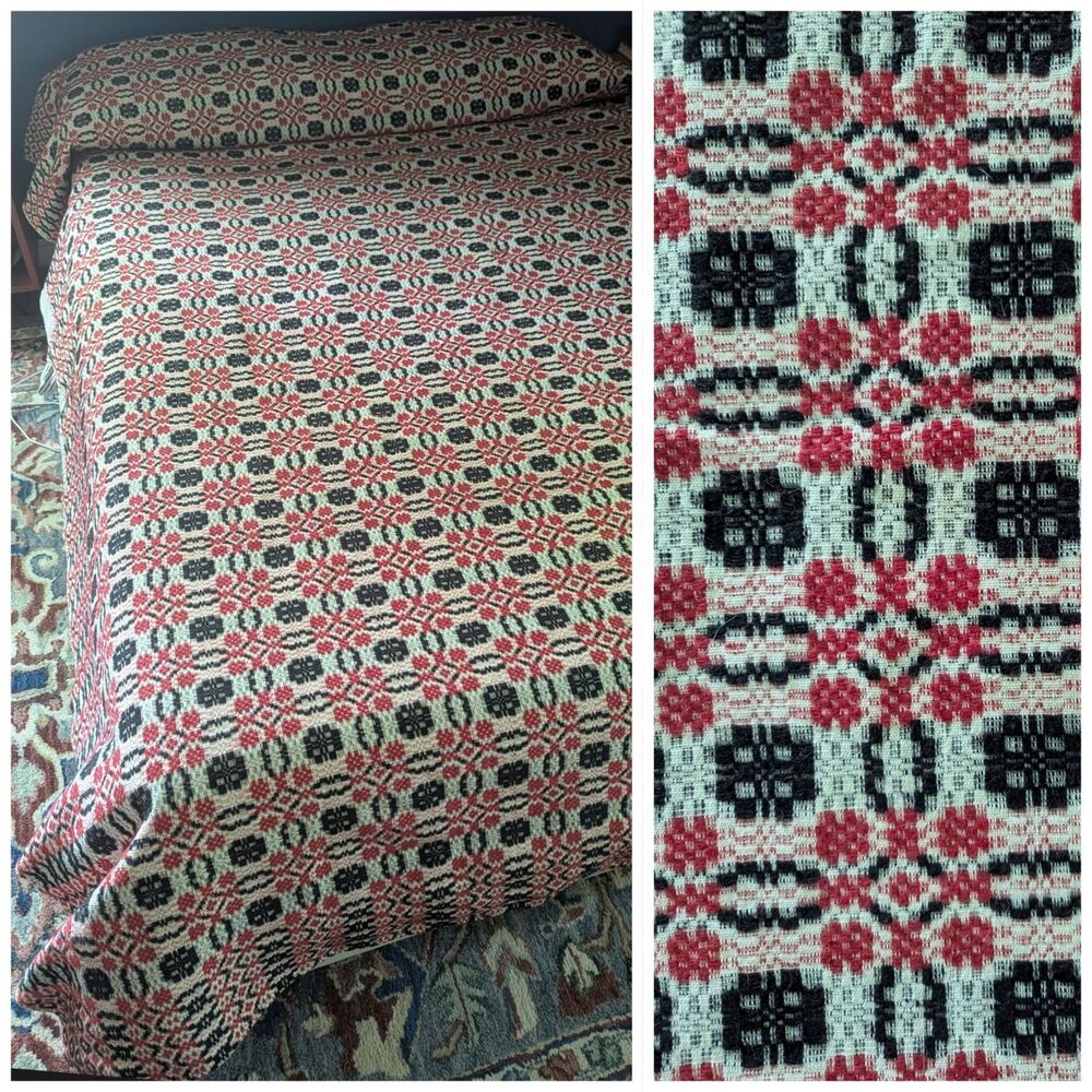 Vintage Overshot Wool Cotton Coverlet Red Black Full Double Bedspread Blanket